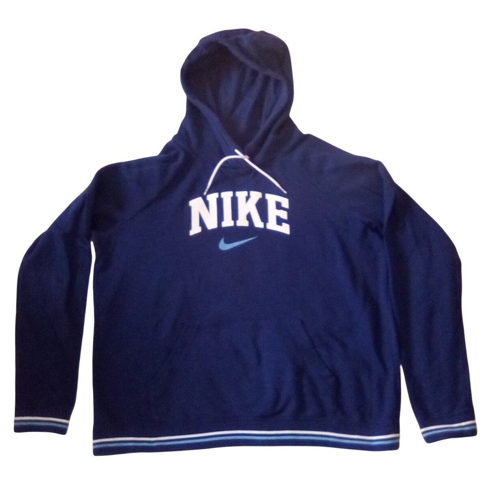 Nike Mens Navy Blue Pullover Hoodie Block Logo Striped Trim‎ Large (Vintage)